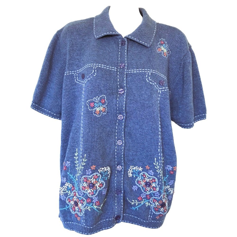 Alfred Dunner Blue Knit Cardigan Sweater Ramie Cotton Ribbon Embroidery